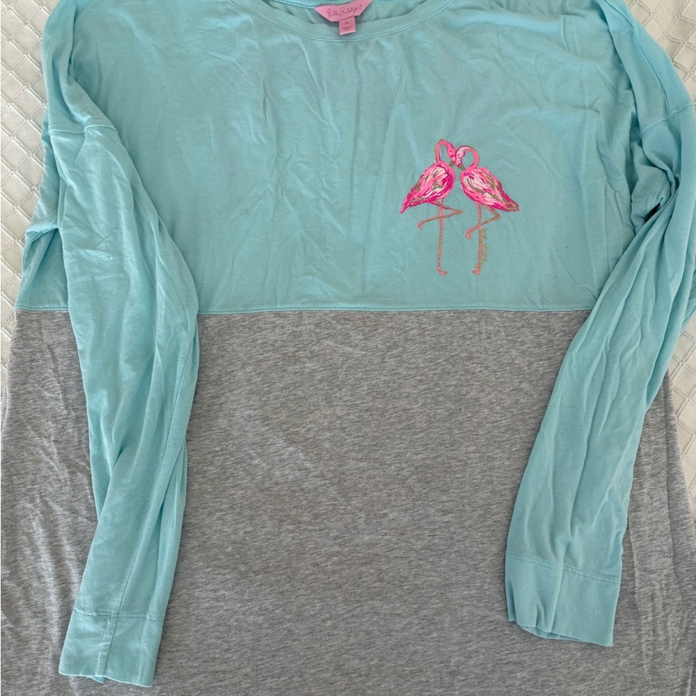 Blue and Gray Long Sleeve Top with Flamingo Design